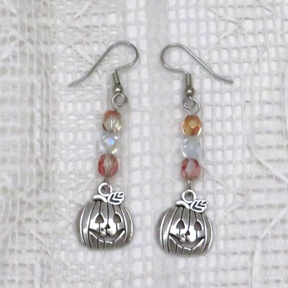 Handmade Silver Dangle Pumpkin Earrings for Halloween, Drop Earrings for Women - Picture 1 of 7